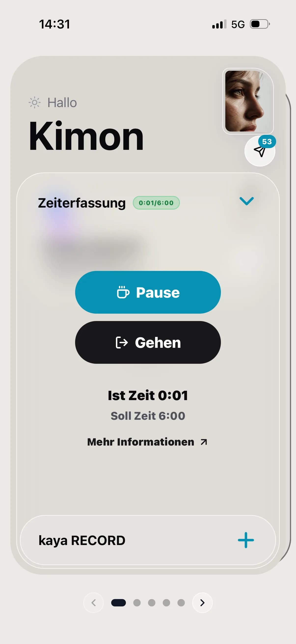 Arbeitszeiterfassung in der kaya Mitarbeiter-App