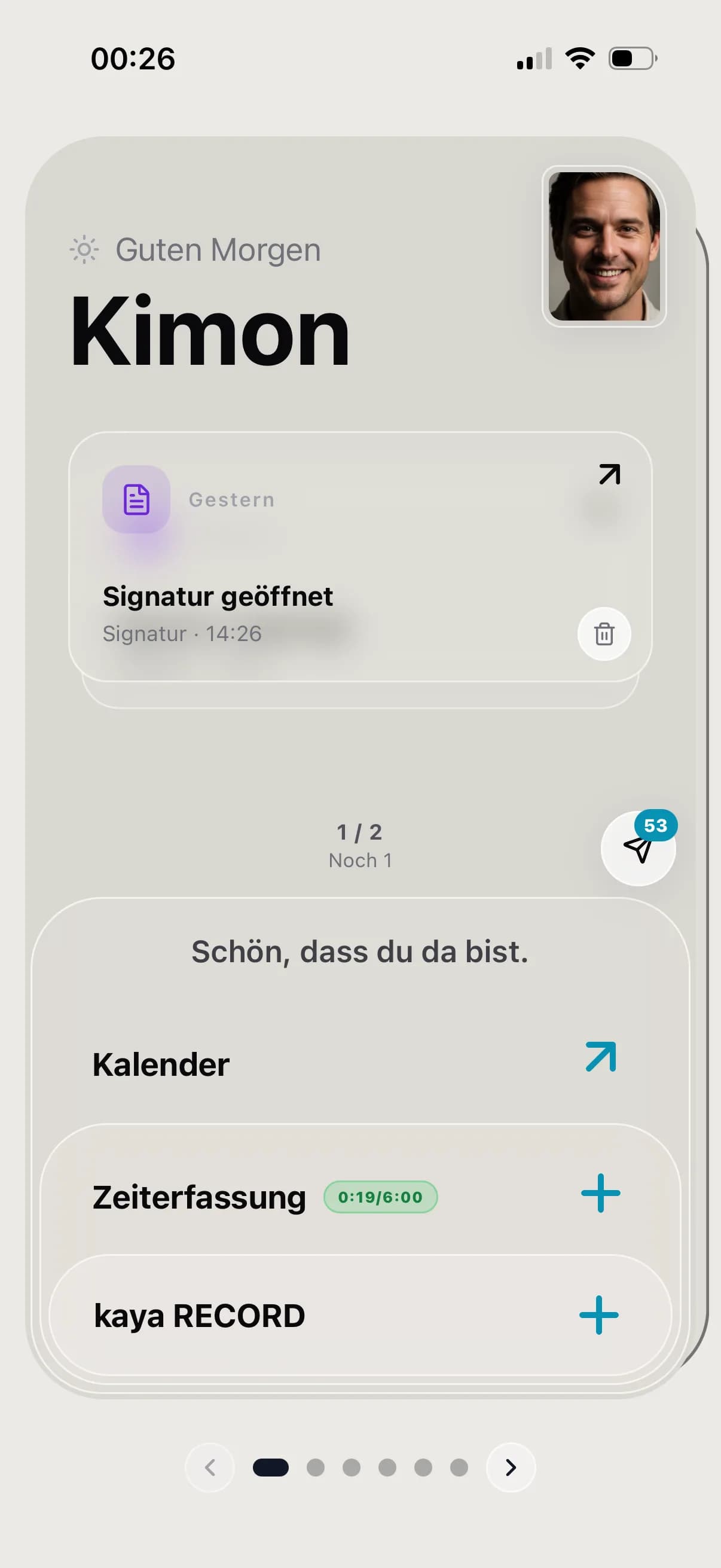 Startansicht der kaya Mitarbeiter-App