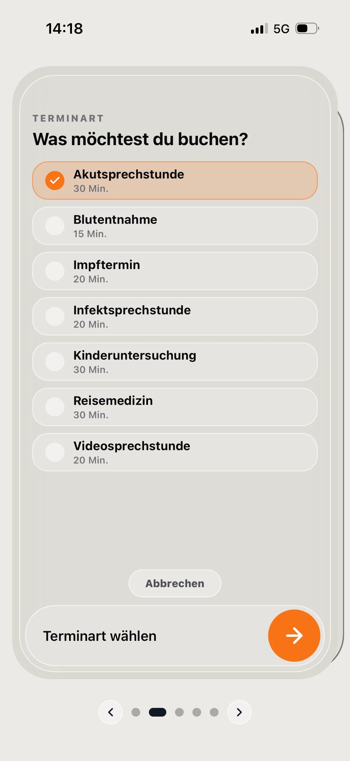 Terminart in der kaya Patienten-App wählen